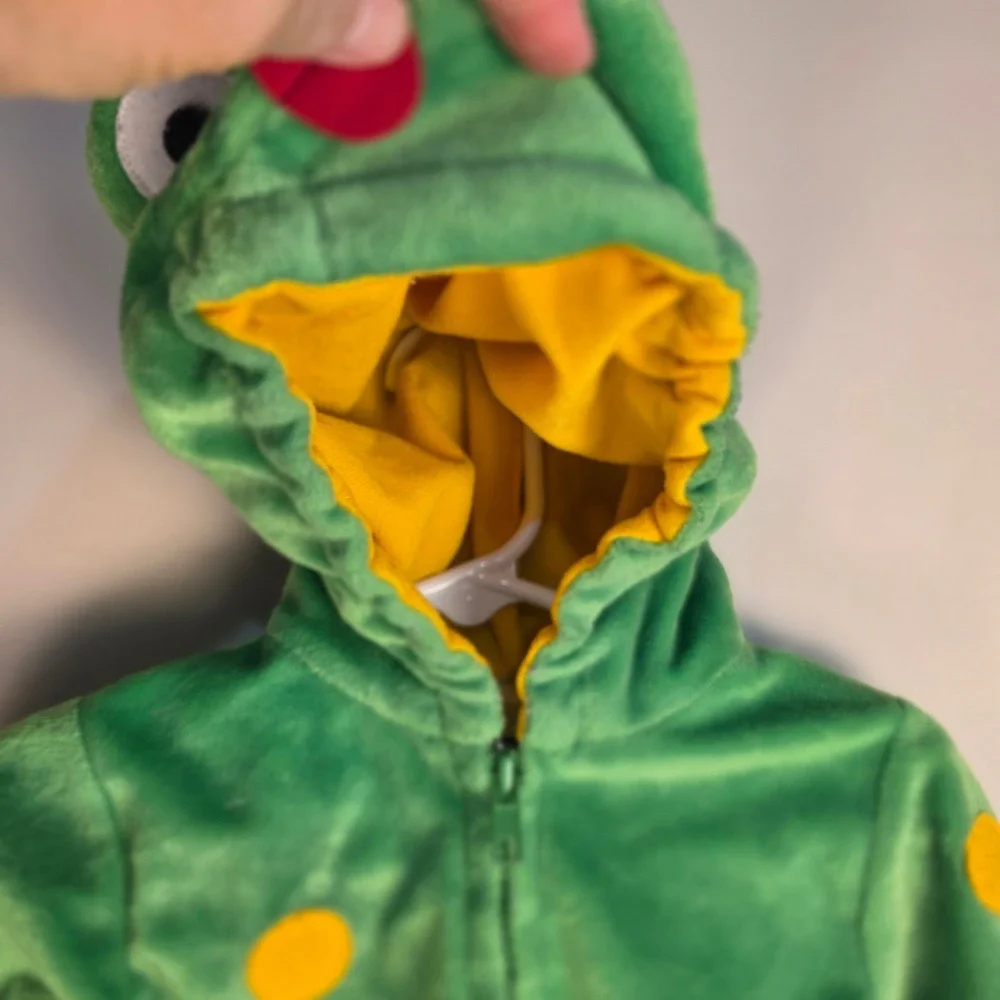 First Moments Frog Costume Baby 6/9M Green Yellow Spotted Plush Hooded Zip Up